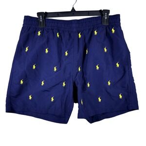 Polo Ralph Lauren Mens Swim Trunks Size M Blue Yellow All Over Pony Logo 5 Inch